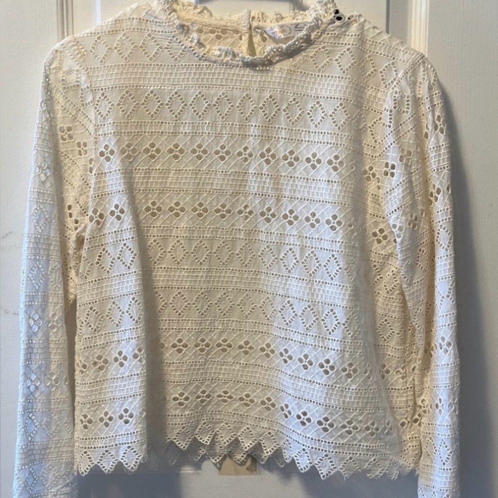 Twik Cottagecore Lace Crochet Long-Sleeve Top in Cream Size Extra Small (XS)